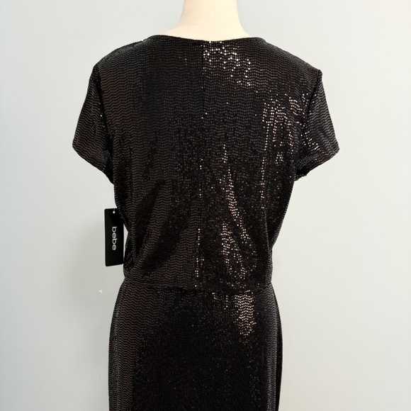 Bebe 2 piece Black Sequin set-cropped short sleeve Top and midi skirt Size XL - Picture 5 of 12